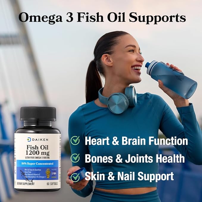 DAIKEN Mini Fish Oil 1200 mg rTG Omega 3 1000mg 60 Softgels High Absorption &amp Burpless Fish Oil for Healthy Heart Brain and Dry Eyes Support (Pack of 2)