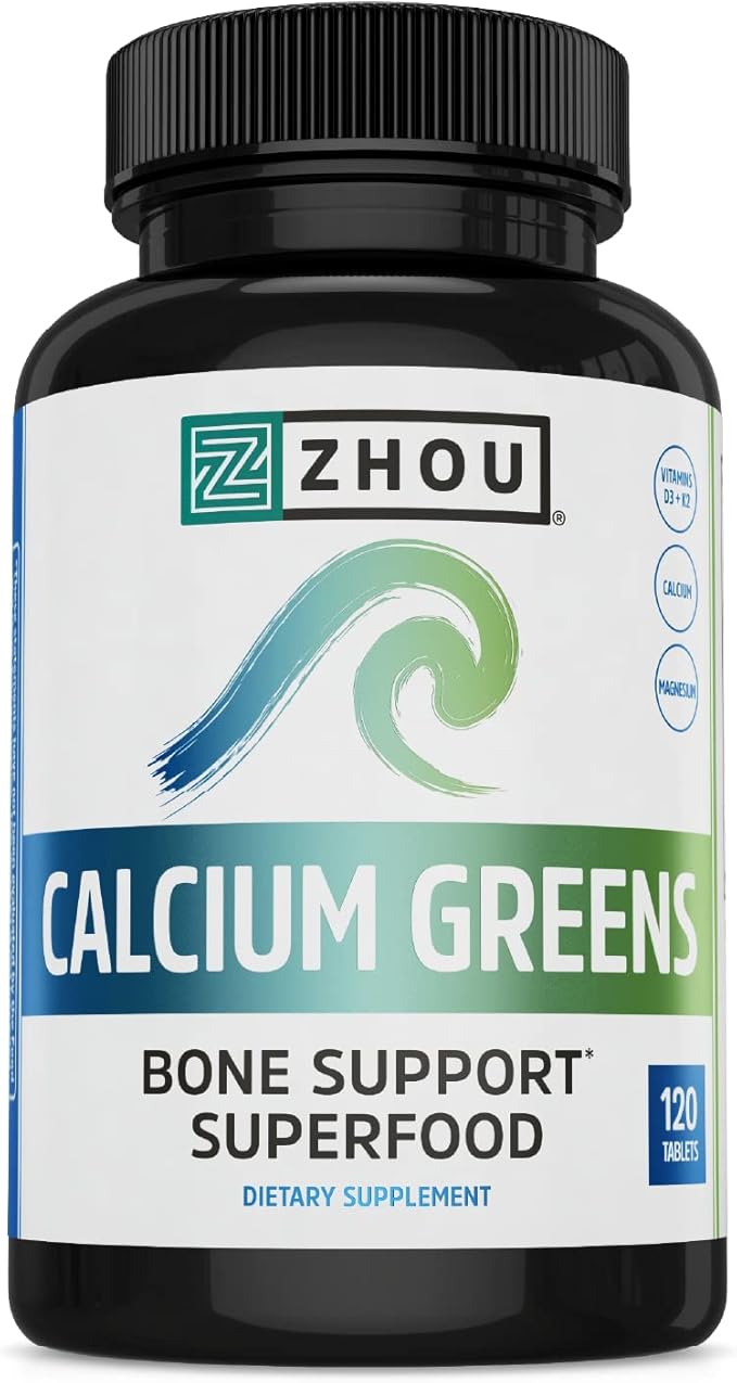 Zhou Calcium Greens - Calcium Supplements for Women &amp Men Bone Strength Support Supplement with Vitamin D3 Bone Support with Algae &amp Vitamin K2 &amp D Plant Based - 120 Tablets