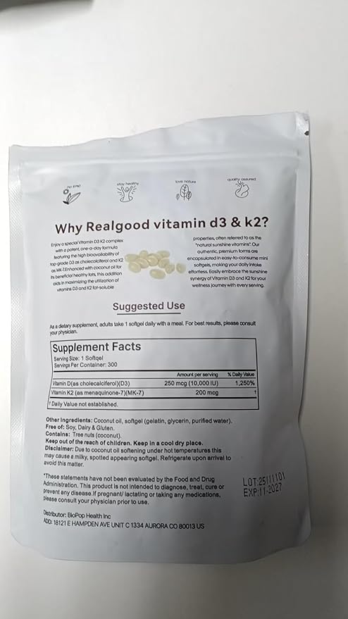 wuliao Real Good Essentials Vitamin D3 K2 10000 iu – 2-in-1 D&ampK Complex Supports Calcium Absorption Immune Health – 300 Softgels (1 Pack)