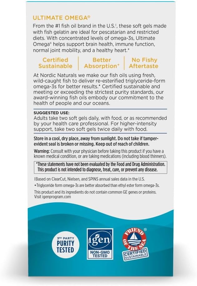 Nordic Naturals Ultimate Omega in Fish Gelatin Lemon Flavor - 60 Soft Gels - 1280 mg Omega-3 - High-Potency Fish Oil Supplement - EPA &amp DHA - Promotes Brain &amp Heart Health - Non-GMO - 30 Serv