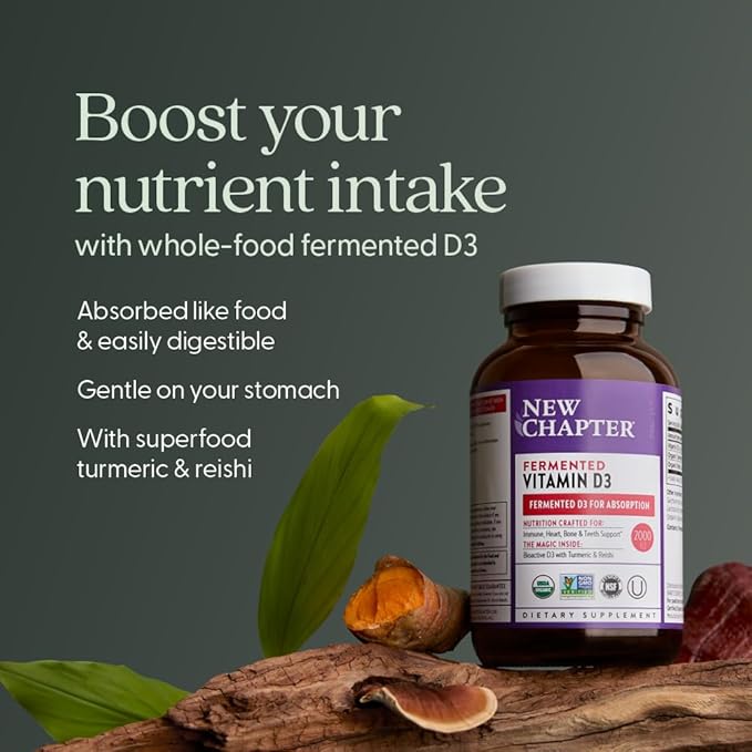 New Chapter Fermented Vitamin D3 2000 IU Organic ONE Daily for Immune Heart &amp Bone Support + Whole-Food Turmeric Adaptogenic Reishi Mushroom 100% Vegetarian Gluten Free 60 Count