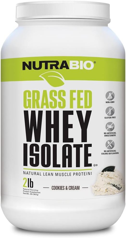 NutraBio Grass Fed Whey Isolate Protein Powder - 25G of Protein Per Scoop - Sugar Free Natural Lean Muscle Protein Supplement - Cookies &amp Cream - 2 Pounds 29 Servings