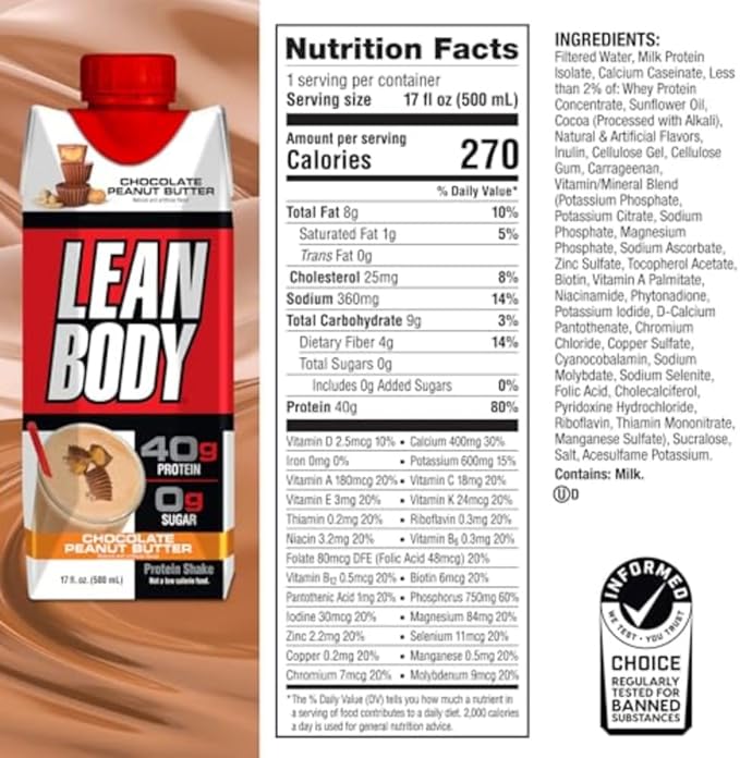 Lean Body Ready-to-Drink Protein Shake 40g Protein Whey Blend 0 Sugar Gluten Free 22 Vitamins &amp Minerals (Recyclable Carton &amp Lid - Pack of 12) LABRADA (Chocolate Peanut Butter)