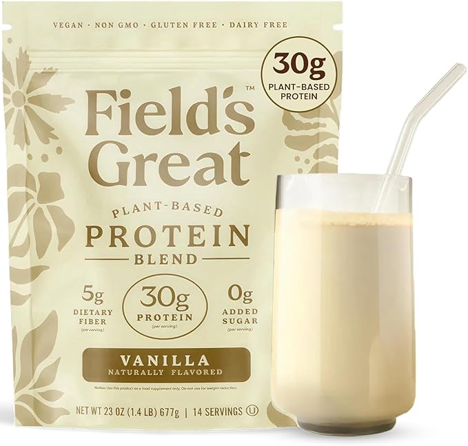 Field's Great Plant-Based Protein with Fiber for Muscle Maintenance Vegan Protein Powder Whey Free Gluten Free Dairy Free - 30g of Protein and 5g Fiber in Each Serving - 4 Servings (Variety)
