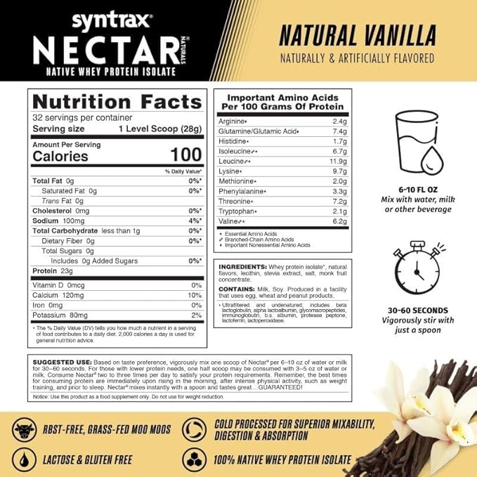 Syntrax Nectar Naturals All Natural Whey Protein Isolate Smooth &amp Creamy Natural Vanilla 2 lbs.