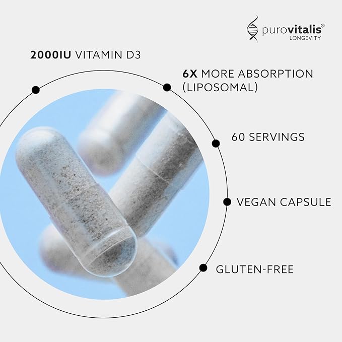 PUROVITALIS Liposomal Vitamin D3 2000iu 60 Servings (60 Vegan Capsules) High Strength Anti-oxidant Supplement