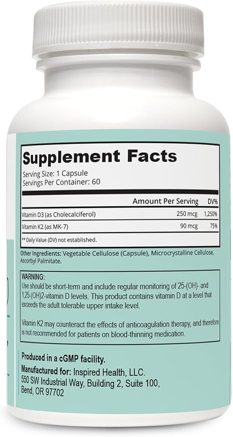 LUMINSPIRED HEALTH Vitamin D3 K2 10000 IU (250 mcg) High Potency Dietary Gluten Free Vitamin Supplements for Healthy Bones Muscles Immune Support &amp Heart Health Non-GMO - 60 Counts Vegan Capsu