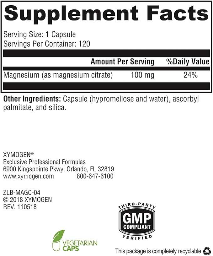 XYMOGEN Magnesium Citrate Capsules - Vegan Magnesium Supplement for Women + Men - Regularity Muscle Bone + Heart Health Supplements (120 Capsules)