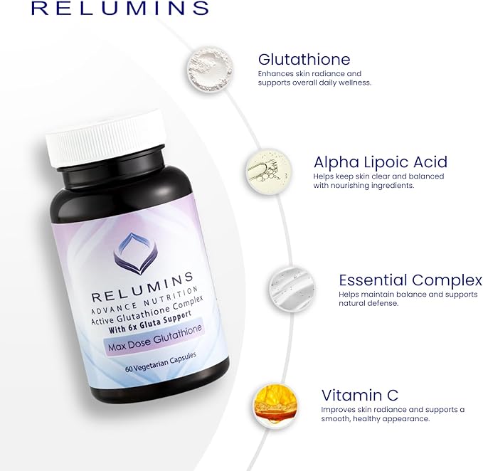 Relumins Advance White Active Glutathione Complex - Max Dose 900mg Glutathione with 6X Boosters ALA &amp NAC - Spring Glow Essentials Anti-Aging &amp Skin Brightening Supplement - 60 Caps x 30 Bott