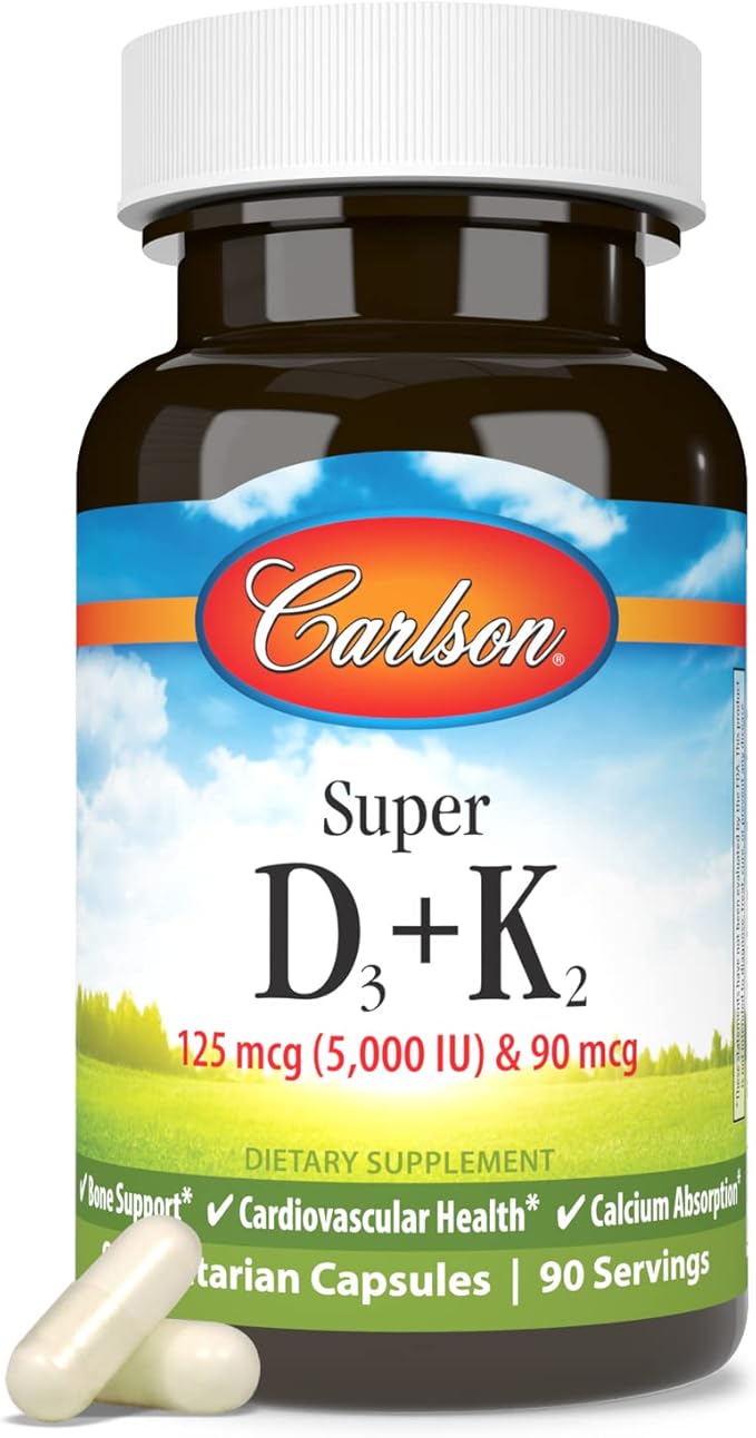 Carlson - Super D3 + K2 125 mcg (5000 IU) Vitamin D3 90 mcg Vitamin K2 as MK-7 Bone Support Calcium Absorption 90 Vegetarian Capsules