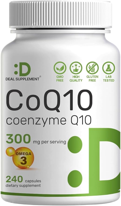 DEAL SUPPLEMENT CoQ10 300mg with Omega 3 100mg 240 Capsules | Bioavailable Coenzyme Q10 Formula | Supports Heart Energy &amp Brain Health | Antioxidant Support | Non-GMO