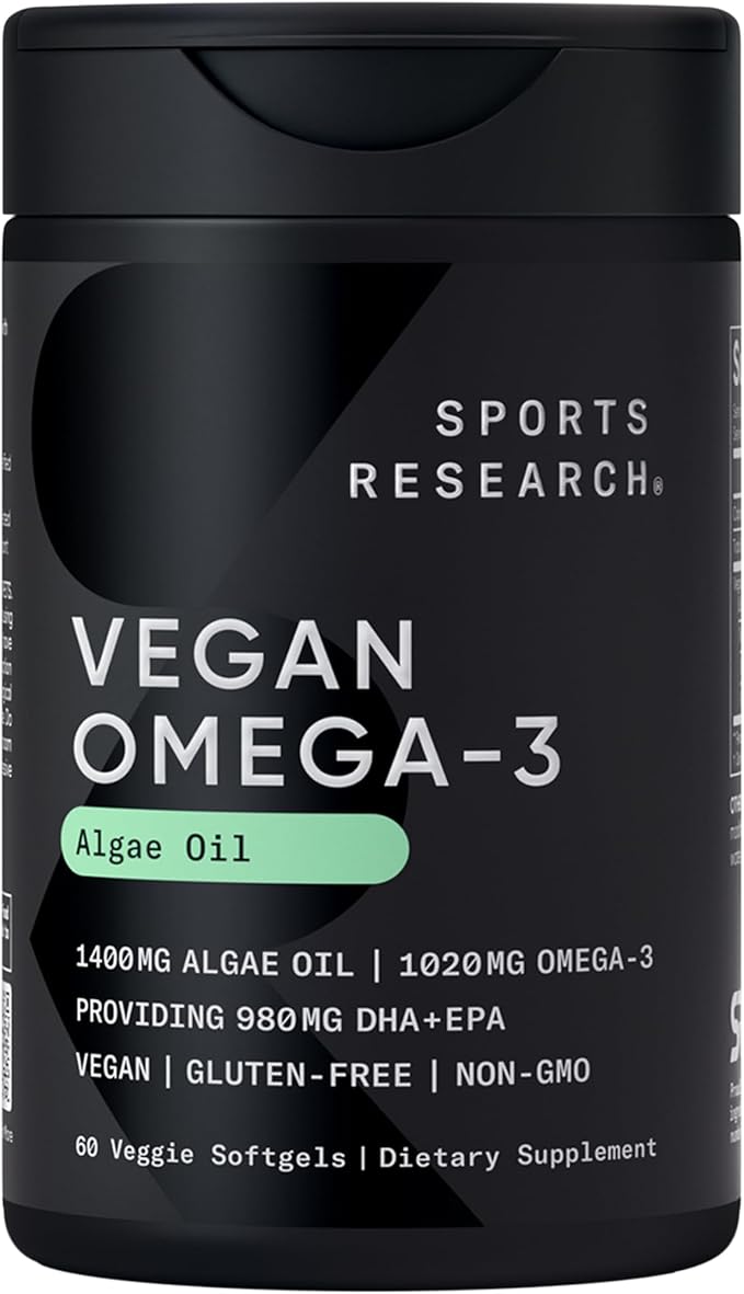 Sports Research® Vegan Supplements Pack - Vegan Omega-3 Fish Oil Alternative from Algae Oil + Vitamin D3 + K2 + CoQ10