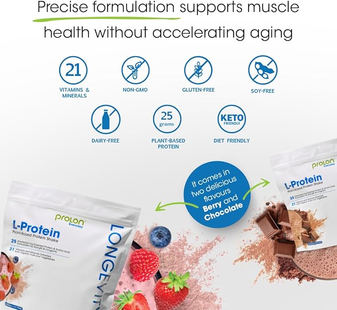 Prolon Longevity Plant Based Protein Powder | Muscle Synthesis &amp Repair Healthy Aging Boost Performance | Vitamins Gluten Free Amino Acids | 25g of Protein | Chocolate and Berry 24 Packets