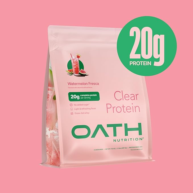 Oath Nutrition Clear Whey Isolate Protein Powder Watermelon Fresca 20g Complete Protein per Serving No Added Sugar Grass-Fed 18 Servings
