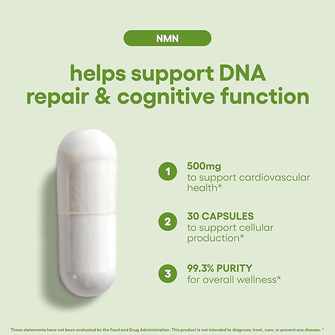 NMN 500mg Capsules 99.3% Purity | Nicotinamide Mononucleotide 30 Servings | Supports DNA Repair &amp Cognitive Function | Vegetarian Friendly Gluten Free Non-GMO 3rd Party Tested (30 Capsules NMN)