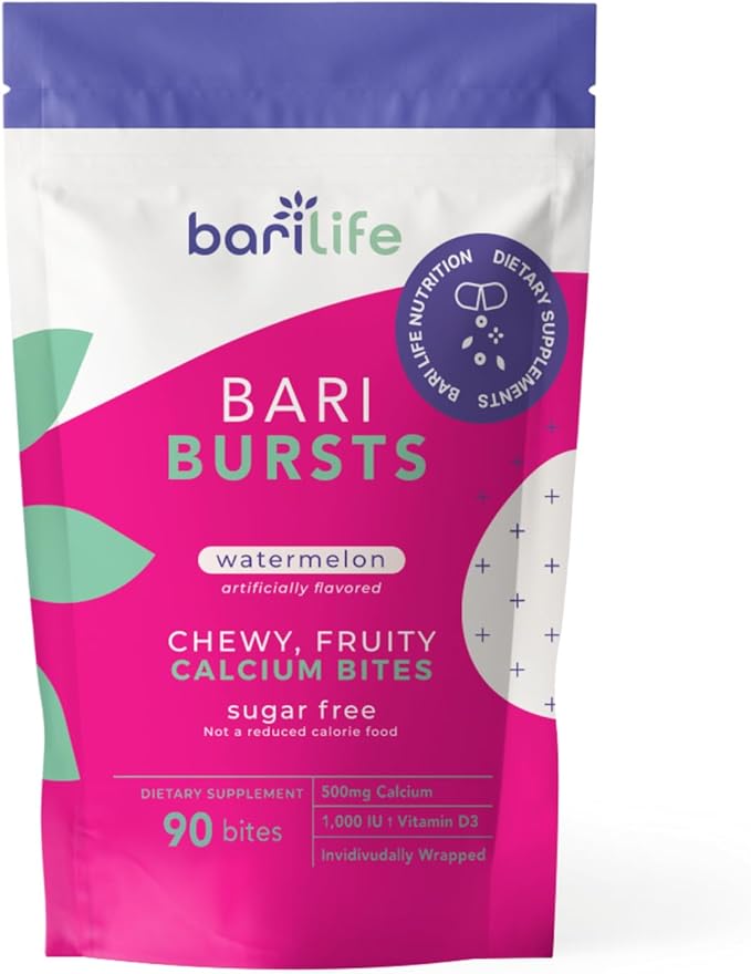 Bari Life Just One Once Daily Bariatric Multivitamin with Iron (90 Tablets) and BariBurst Calcium Citrate Soft Chews for Gastric Bypass Gastric Sleeve and Duodenal Switch (Watermelon)