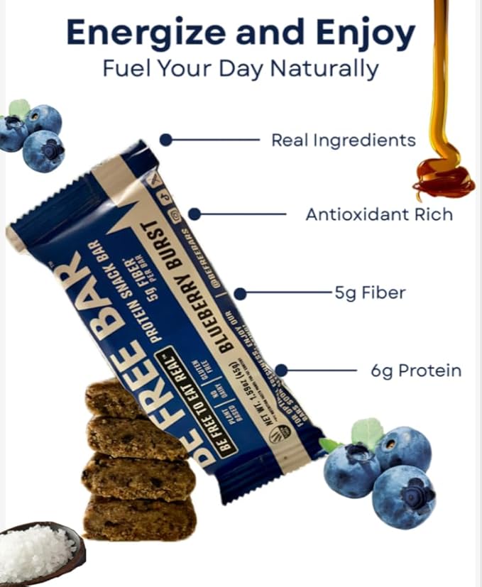 Be Free Bar Blueberry Burst (Box of 12). Award winning Protein Snack Bar made with Real Blueberries Gluten Free Dairy Free Soy Free and Plant Based. 6g Muscle Building Protein and 5g Prebiotic Chic