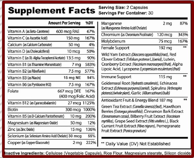 MiracleMulti Multivitamin for Women - Female Support Formula Immune Support Minerals Biotin Antioxidants &amp Superfoods Blend – 60 Capsules