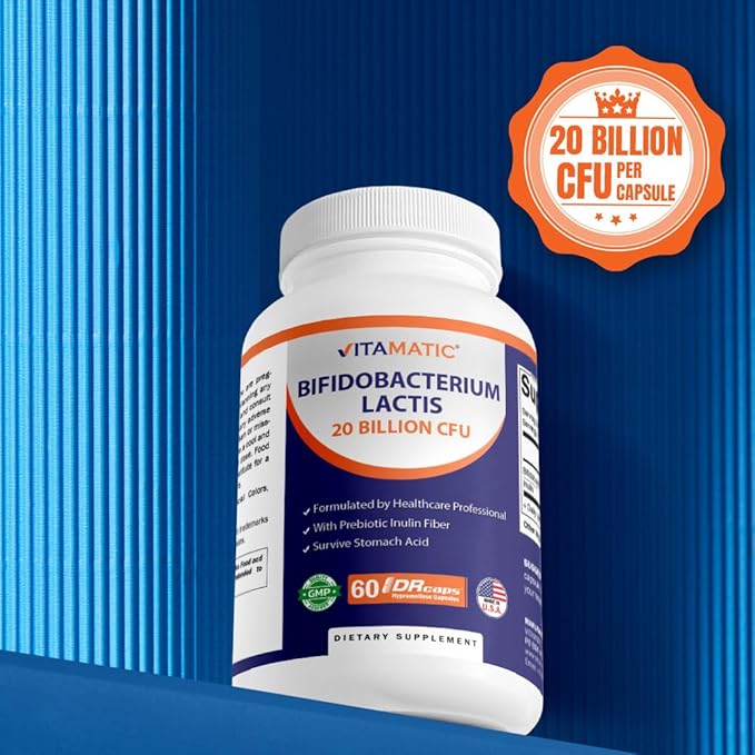 Vitamatic Bifidobacterium lactis - 20 Billion per DR Capsule - 60 Count - Digestive Support - Made with Prebiotic Inulin Fiber - 2 Pack (120 Count)