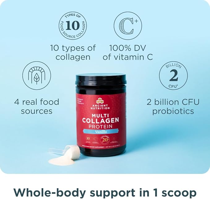 Ancient Nutrition Grass-fed Whey Protein Powder Vanilla Bean 20 Servings + Multi Collagen Peptides Protein Powder Vanilla 24 Servings
