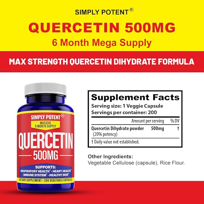 Simply Potent Quercetin Supplements Quercetin 500mg 200 Capsules 2 X Quercetin 250mg Phytosome Bioflavonoid Antioxidant Vegan Gluten Free Pills to Support Healthy Cellular Heart &amp Immune Functio