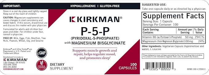 Kirkman – P-5-P (Pyridoxal 5-Phosphate Vitamin B-6 Metabolite) with Magnesium Bisglycinate - Hypoallergenic