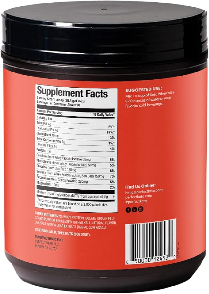 Perfect Keto Pure Whey Protein Powder Isolate Delicious 100% Grass Fed Meal Replacement Shake No Artificials Gluten Free Soy Free Non-GMO (Chocolate)