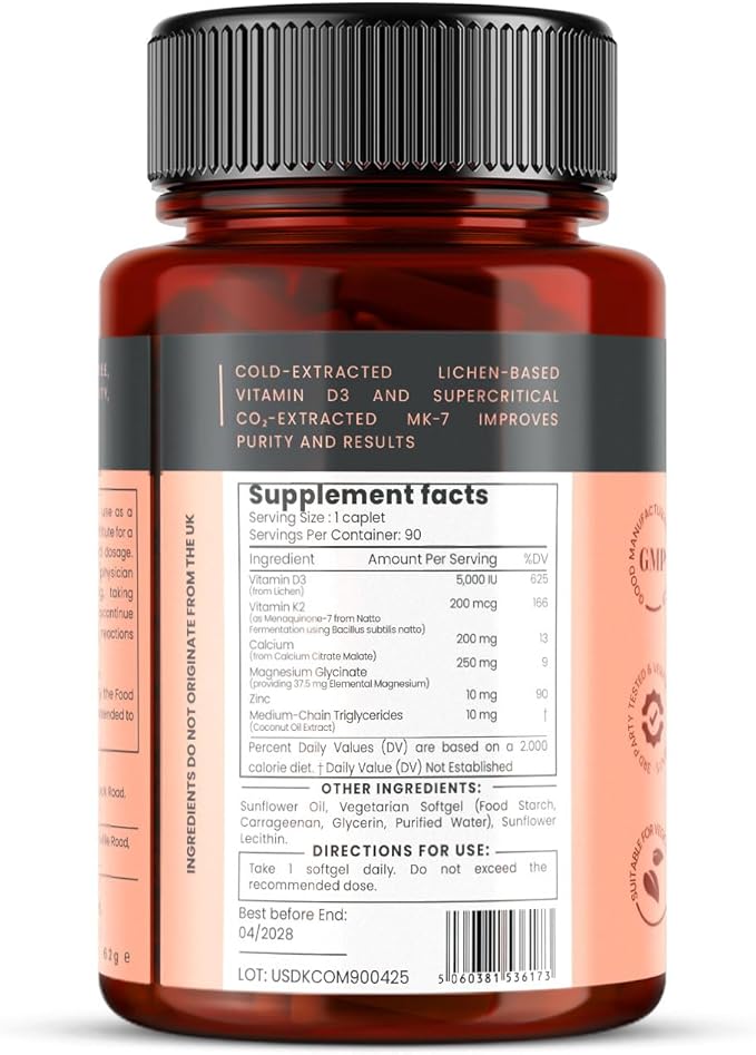 pureclinica Double Strength D3 + K2 Complex x 90 Vegan Softgels – 5000 IU D3 + 100mcg K2 with Magnesium Calcium &amp Zinc – 3 Months Supply