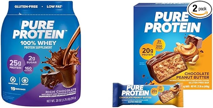 Pure Protein Whey Protein Powder 25g Protein 1.75lb + Protein Bars 20g Protein 12 Count Chocolate Peanut Butter