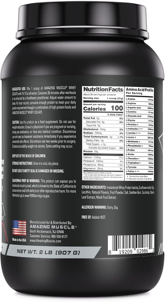 Amazing Muscle Whey Protein Isolate Powder | 25 Grams Protein Per Serving | 100% Whey Isolate | Zero Fat | Made in USA (Strawberry 2 LB)