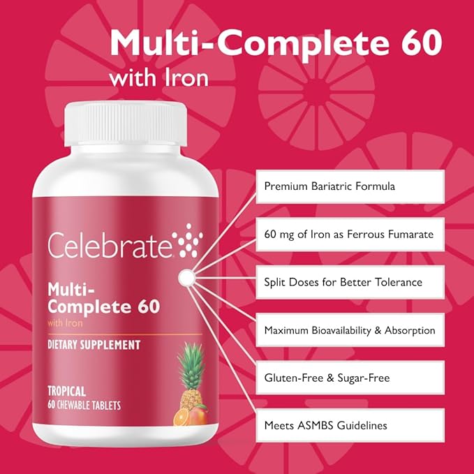 Celebrate Vitamins Multi-Complete Chewables 60mg Iron – Daily Bariatric Multivitamin for Sleeve Gastrectomy &amp Gastric Bypass Surgery Patients – Essential Vitamins &amp Minerals - Tropical (60 Ta