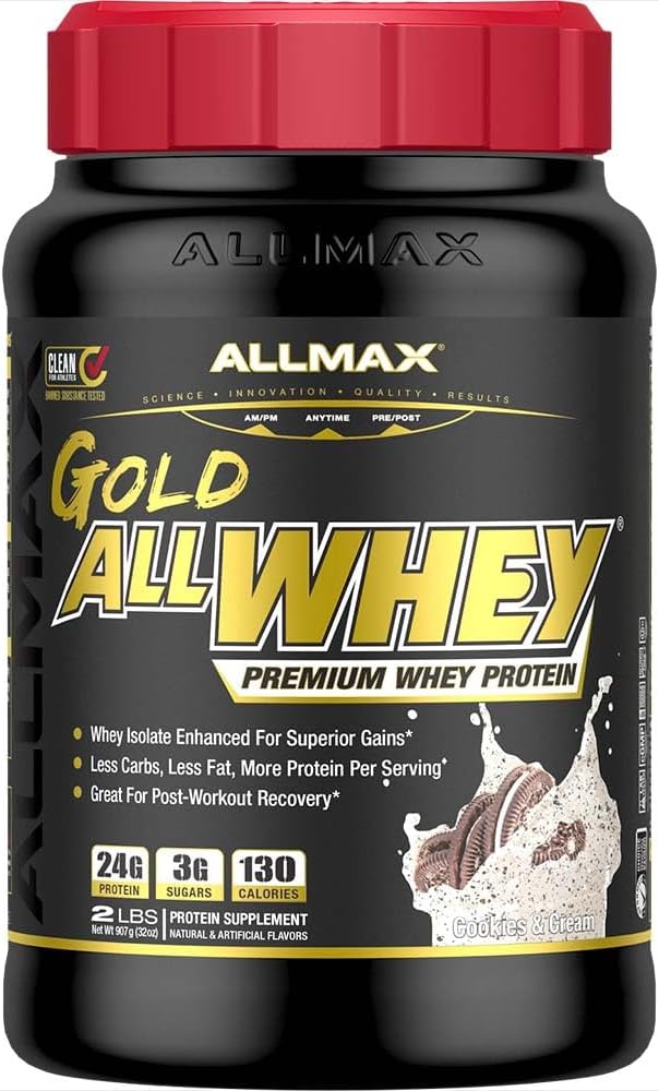 ALLMAX Nutrition Gold ALLWHEY Cookies &amp Cream - 2 lb - 24 Grams of Protein Per Scoop - Gluten Free Low Carb &amp Low Sugar - Approx. 30 Servings