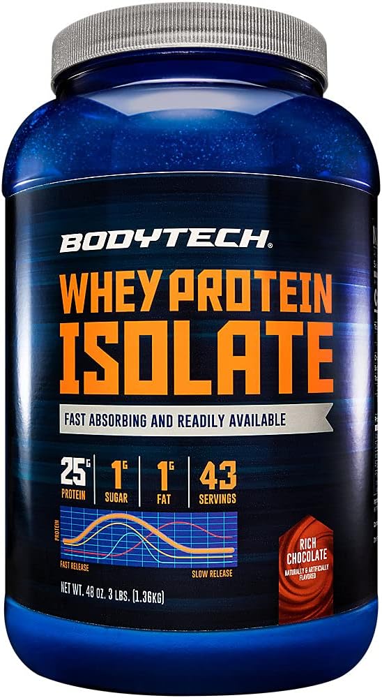 BodyTech Whey Protein Isolate Powder Rich Chocolate Flavor 25g Protein per Serving High Concentrated Protein Powder with Amino Acids &amp BCAAs for Men and Women Gluten Free 3 lb 43 Servings