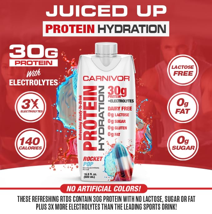 MuscleMeds Carnivor Protein Hydration RTD Ready to Drink Lactose Free Sugar Free 30g Isolate Protein Halal Certified Rocket Pop 16.9 Fl Oz (Pack of 12)