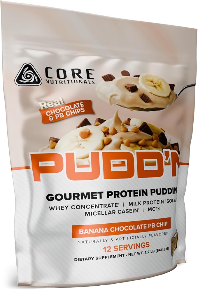Core Nutritionals Pudd'n Gourmet Protein Pudding Mix | Whey &amp Casein Blend | MCTs &amp Digestive Enzymes | 20g Protein | Real Food Inclusions | 12 Servings (Banana Chocolate PB Chip)