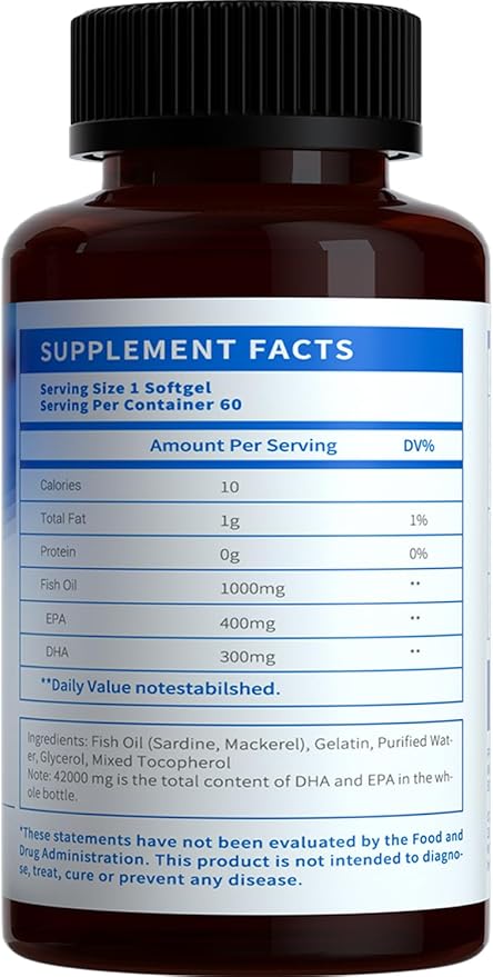 Losoki Deep Sea Fish Oil - 1000 mg EPA &amp DHA Omega-3 Fatty Acids Wild Caught Fish Premium Burpless Softgel Supplements - 60 ct