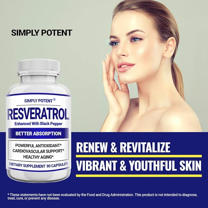 Resveratrol 1000mg Supplement Trans Resveratrol 500mg Resveratrol Enhanced with Black Pepper for Max Absorption Powerful Antioxidant &amp Anti-Aging Pills for Heart Immune &amp Skin Health 90 C