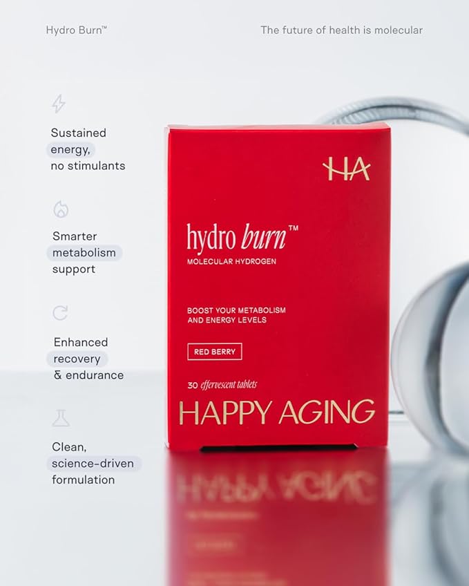 Happy Aging Hydro Burn H2 Molecular Hydrogen Water Tablets|Clean Energy &amp Metabolic Support| Molecular Hydrogen with Magnesium| Fast-Dissolving Keto Antioxidant|30 Red Berry Tablets