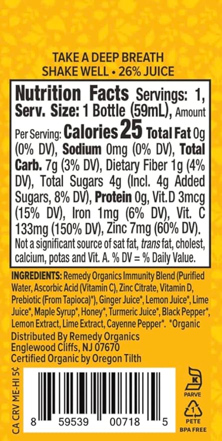 Remedy Organics Immunity Plus Shot Heal 24-Pack | Boost Energy Brain Function Detoxification and Metabolism | Certified-Organic Ingredients