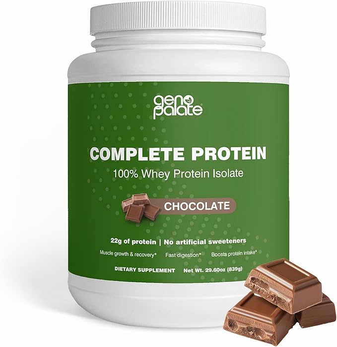 GenoPalate Complete 100% Whey Protein Isolate 22g Protein Chocolate Keto-Friendly Supports Muscle Recovery Digestion &amp Weight Management MCT Oil &amp Apple Pectin 24 Servings