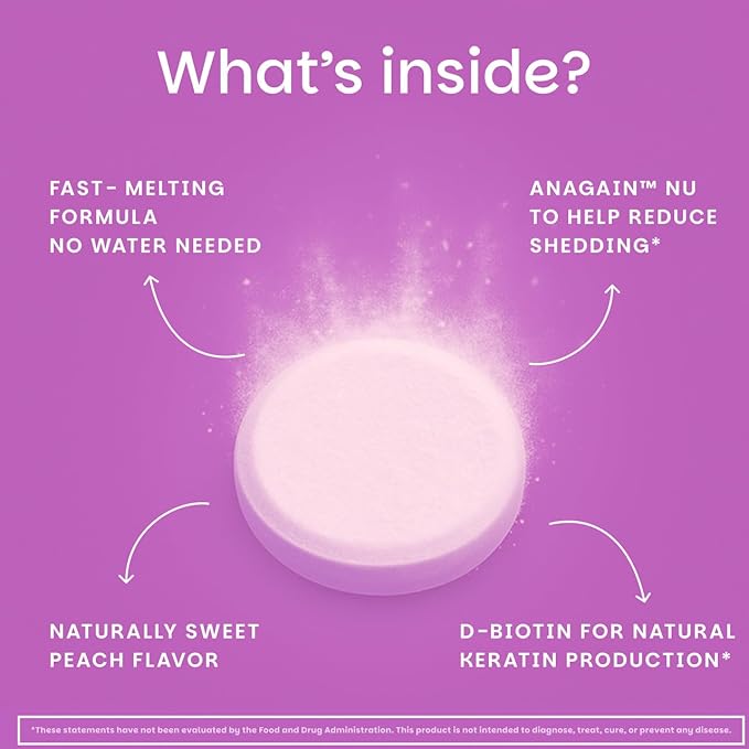 EZ Melts Hair Health Complete - Hair Supplement to Support Strength &amp Growth - Includes AnaGain Nu Biotin Apigenin Bambo Silica &amp More - 120 Sublingual Tablets (60 Servings)