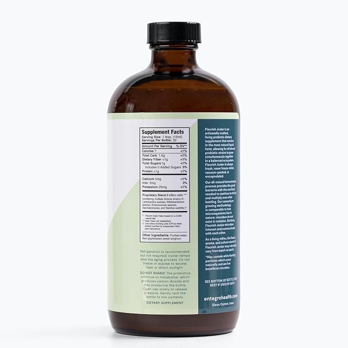 ENTEGRO Flourish Junior Liquid Probiotic &amp Postbiotic Supplement - Glass | 11 Live Cultures | Gut &amp Digestive Health for Women Men &amp Kids | Organic Vegan Allergen Free | USA Made | 16 f