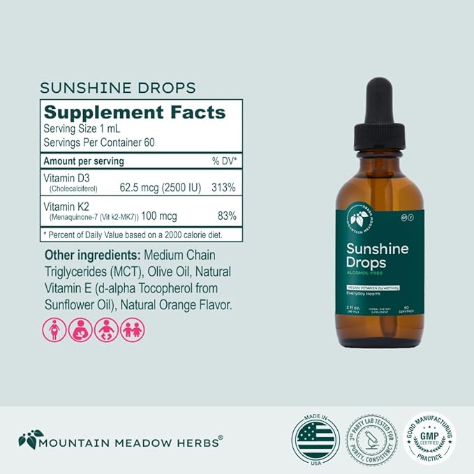 Mountain Meadow Herbs Sunshine Drops | Vegan Vitamin D3 Booster for Healthy Bones &amp Teeth | Ideal Winter Supplement | Tincture 2oz