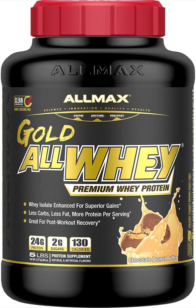 ALLMAX Gold ALLWHEY Chocolate Peanut Butter - 5 lb - 24 Grams of Protein Per Scoop - Gluten Free Low Carb &amp Low Sugar - Approx. 71 Servings