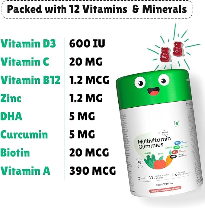 Multivitamin Gummies for Kids | 2-6 Years | 30 Gummies | with 12 Vitamins &amp Minerals | Improves Immunity Bone Health | No Added Sugar | Strawberry Flavour