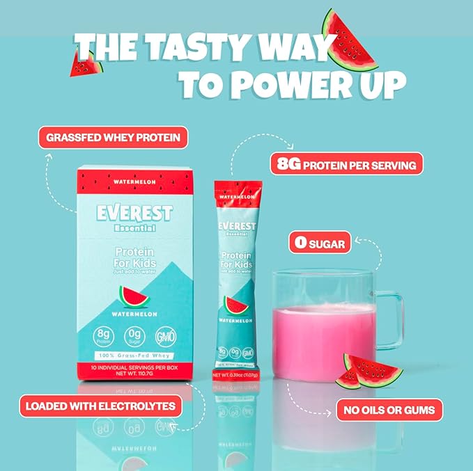 Everest Essential Kid's Clear Whey Protein Powder (Watermelon 10 Packets) Protein Drink Mix for Kids Electrolytes for Kids 8g Protein Per Serving Non GMO Zero Added Sugar