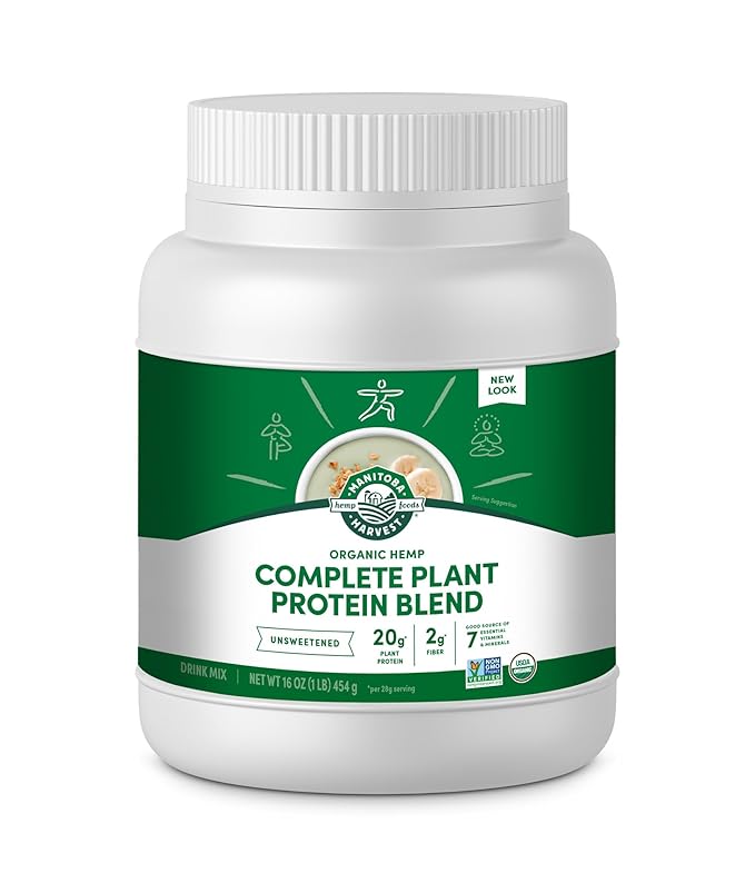 Manitoba Harvest Hemp Yeah Organic Plant-Based Protein Powder with 20g of Complete Plant 2g of Fiber &amp 2g Omegas 3&amp6 Non-GMO Vegan Unsweetened 16 Oz Packaging May Vary