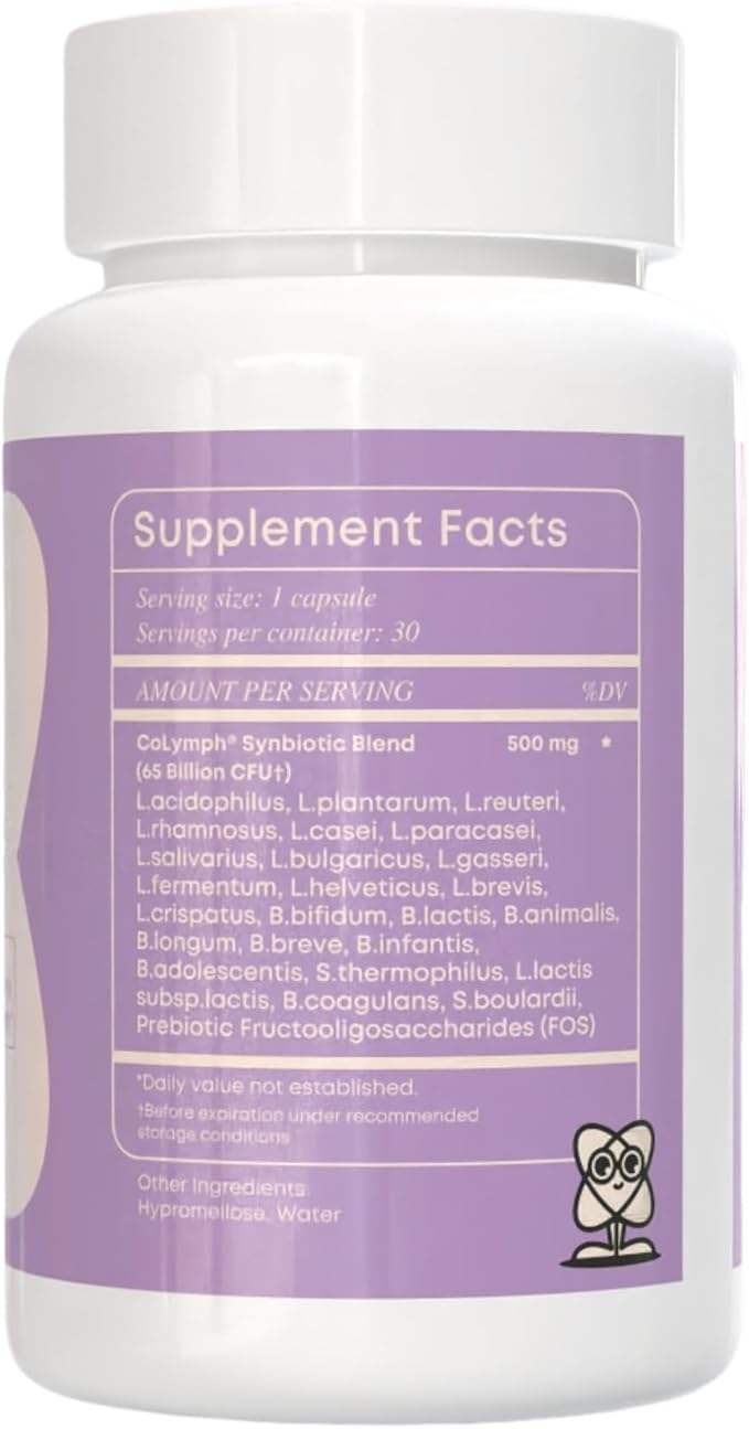 CoLymph® Daily Synbiotic Upgraded 24 Strains 65 Billion CFU High Potency Prebiotics + Probiotics | Non-Dairy Supports Gut Health Digestion Bloating Mood 30 Vegan Capsules