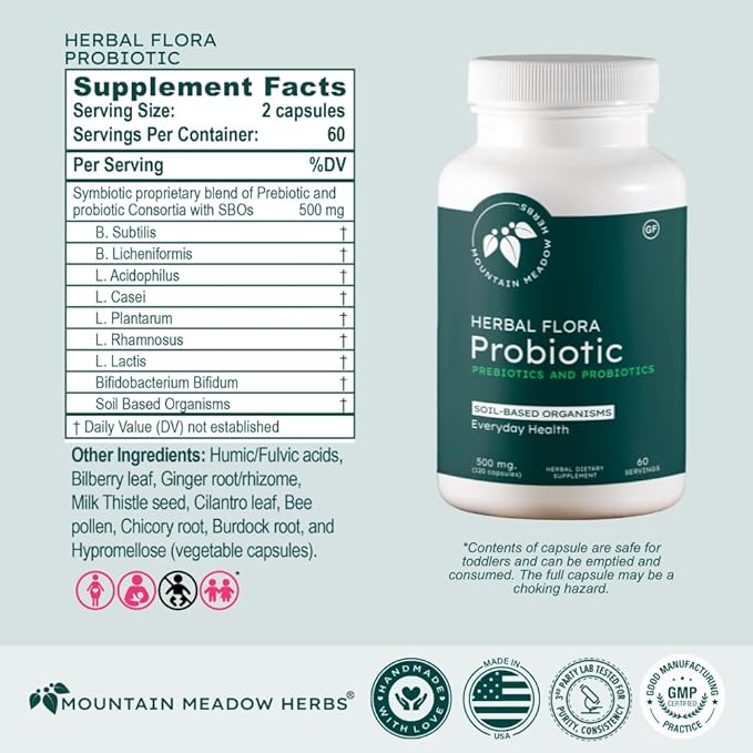 Mountain Meadow Herbs Herbal Flora Probiotics and Prebiotics: Soil-Based probiotic -120 Capsules