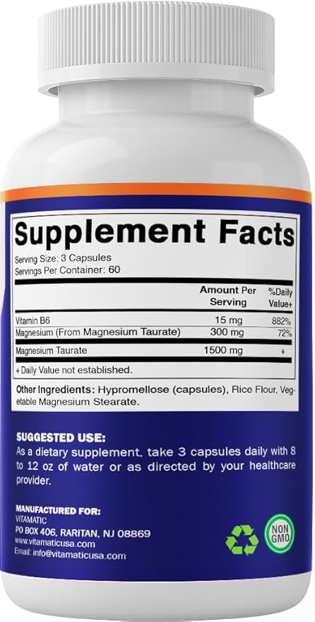 Vitamatic 2 Pack - Magnesium Taurate 1500mg per serving - 180 Vegetarian Capsules (Provides 300 mg of Elemental Magnesium) - Added B6 for Maximum Absorption - Supports Muscle Joint and Heart Health*